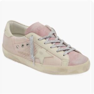 Golden Goose Blush and Cream Sneakers with Glitter Laces